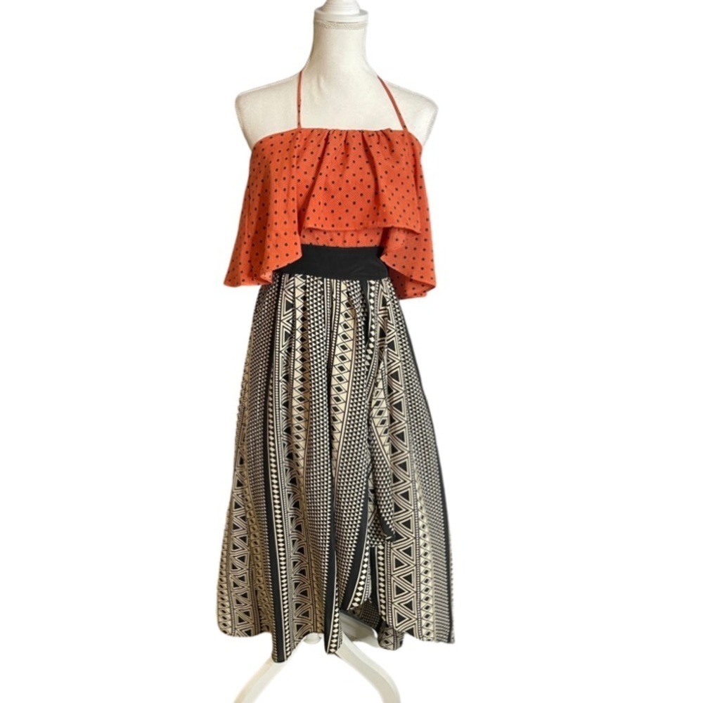 Under Skies halter tie neck high low summer dress Aztec and polka dot print/Sz S